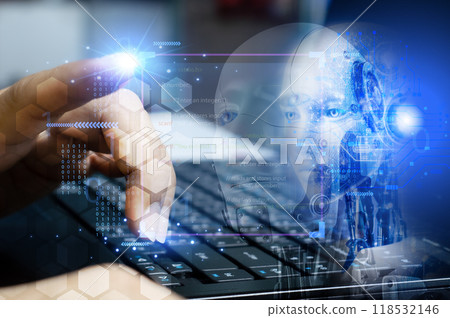 Ai tech, businessman show virtual graphic Global Internet connect Chatbot Chat with AI, Artificial Intelligence. using command prompt for generates something, Futuristic technology transformation. 118532146