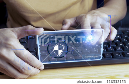 Keypad, cyber shield, lock, technology security system. Digital link. Cyber security with advanced technology. 118532153
