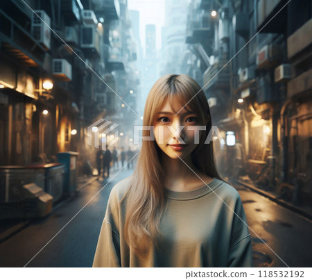 一個美麗的女孩站在頹廢的近未來城市的後街。 118532192