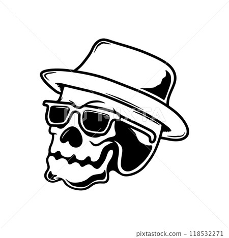 Illustration of skull in straw hat and sunglasses. Summer theme. Design element for poster, card, banner, emblem, sign. Vector illustration Illustration of skull in straw hat and sunglasses. Summer theme. Design element for poster, card, banner, emblem, sign. Vector illustration 118532271
