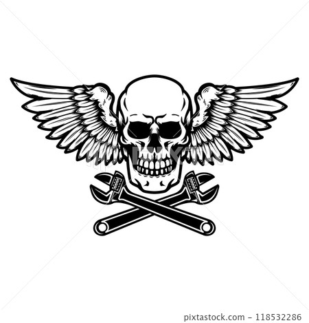 Winged skull with crossed wrenches. Design element for emblem, sign, badge, logo. Vector illustration 118532286