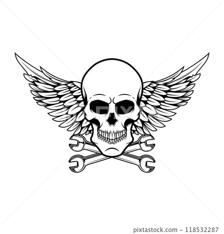 Winged skull with crossed wrenches. Design element for emblem, sign, badge, logo. Vector illustration Winged skull with crossed wrenches. Design element for emblem, sign, badge, logo. Vector illustration 118532287