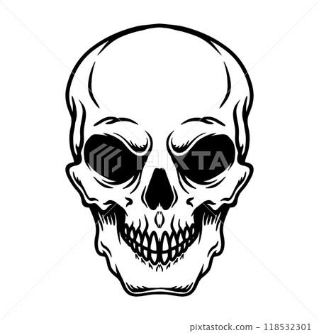 Illustration of human skull in monochrome style. Design element for poster, card, banner, emblem, sign. Vector illustration Illustration of human skull in monochrome style. Design element for poster, card, banner, emblem, sign. Vector illustration 118532301