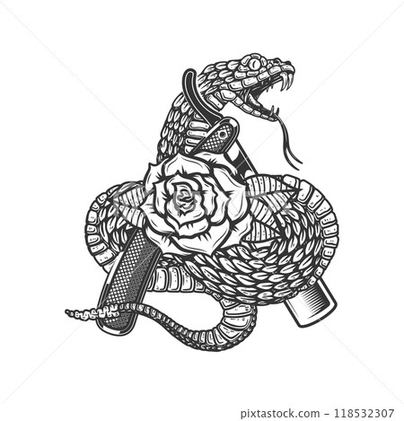 Illustration of the snake, barbers razor and roses. Design element for poster, t shirt, card, banner. Vector illustration Illustration of the snake, barbers razor and roses. Design element for poster, t shirt, card, banner. Vector illustration 118532307