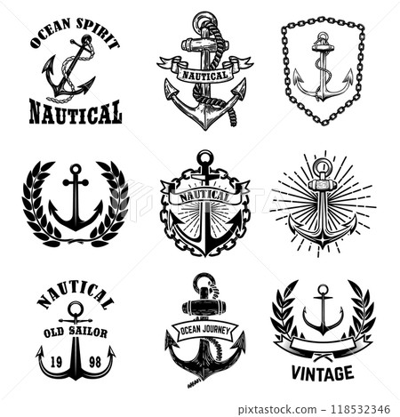 Set of vintage nautical emblems. Design elements for poster, emblem, sign, t shirt. Vectoor illustration Set of vintage nautical emblems. Design elements for poster, emblem, sign, t shirt. Vectoor illustration 118532346