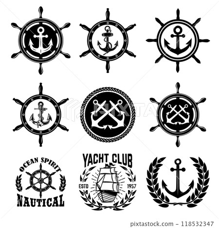 Set of vintage nautical emblems. Design elements for poster, emblem, sign, t shirt. Vectoor illustration Set of vintage nautical emblems. Design elements for poster, emblem, sign, t shirt. Vectoor illustration 118532347