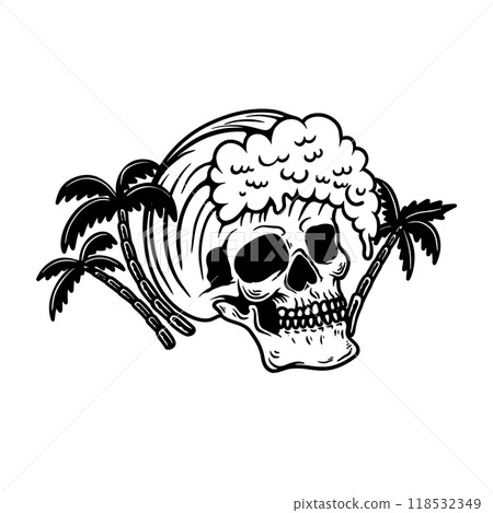 Illustration of skull with wave. Summer theme. Design element for poster, card, banner, emblem, sign. Vector illustration 118532349