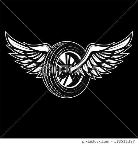 Winged wheel in monochrome style. Design element for logo, label, sign, emblem. Vector illustration 118532357