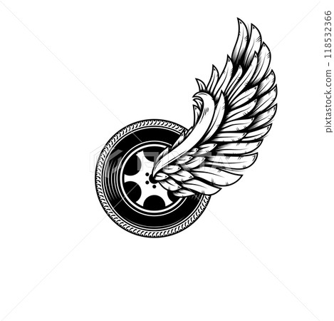 Winged wheel in monochrome style. Design element for logo, label, sign, emblem. Vector illustration Winged wheel in monochrome style. Design element for logo, label, sign, emblem. Vector illustration 118532366