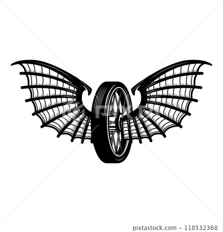 Winged wheel in monochrome style. Design element for logo, label, sign, emblem. Vector illustration 118532368