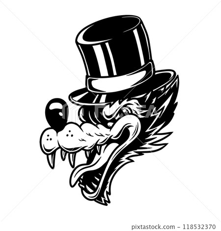 Illustration of wolf in vintage hat. Design element for logo, label, sign, poster, card. Vector illustration 118532370