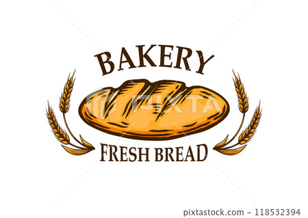 Bakery emblem with bread illustration. Design element for emblem, sign, poster, package design. Vector illustration 118532394