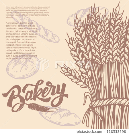 Bakery card with sheaf of wheat illustration. Design element for emblem, sign, poster, package design. Vector illustration 118532398
