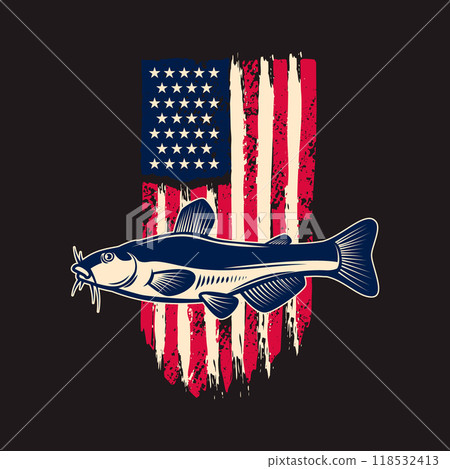 Catfish on american flag background. Design element for emblem, sign, badge, logo. Vector illustration 118532413