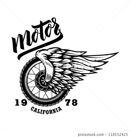 Racing. Tshirt print template with winged wheel. Vector illustration 118532425