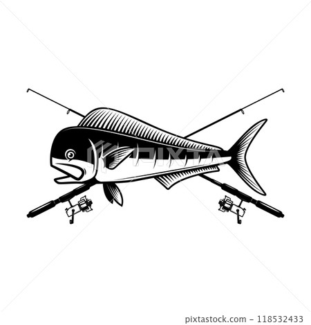 Crossed fishing rods with mahy mahy fish. Design element for poster, card, banner. Vector illustration 118532433
