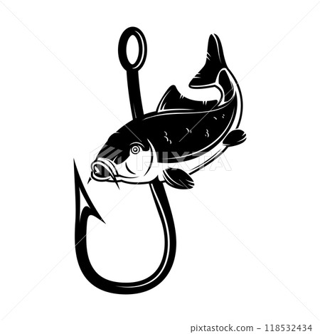Carp and fishing hook. Design element for emblem, sign, badge, logo. Vector illustration 118532434