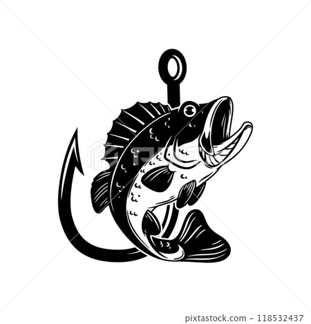 Bassfish and fishing hook. Design element for emblem, sign, badge, logo. Vector illustration 118532437