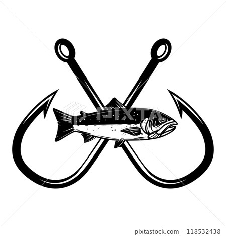 Salmon and fishing hook. Design element for emblem, sign, badge, logo. Vector illustration Salmon and fishing hook. Design element for emblem, sign, badge, logo. Vector illustration 118532438