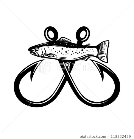 Salmon and fishing hooks. Design element for emblem, sign, badge, logo. Vector illustration 118532439
