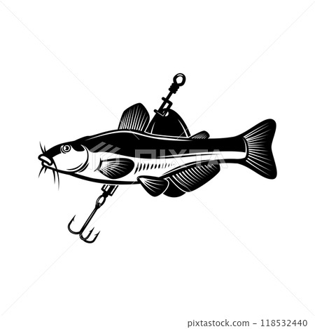 Catfish and fishing hook. Design element for emblem, sign, badge, logo. Vector illustration Catfish and fishing hook. Design element for emblem, sign, badge, logo. Vector illustration 118532440