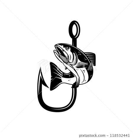Salmon and fishing hook. Design element for emblem, sign, badge, logo. Vector illustration Salmon and fishing hook. Design element for emblem, sign, badge, logo. Vector illustration 118532441