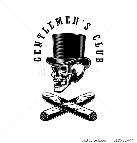 Gentlemens club. Gentleman skull with crossed cigars. Design element for label, sign. Vector illustration 118532444