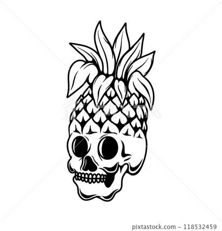 Illustration of pineapple skull. Summer theme. Design element for poster, card, banner, emblem, sign. Vector illustration Illustration of pineapple skull. Summer theme. Design element for poster, card, banner, emblem, sign. Vector illustration 118532459