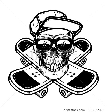 Skateboarder skull with crossed skateboards. Design element for logo, label sign, poster, t shirt. Vector illustration 118532476