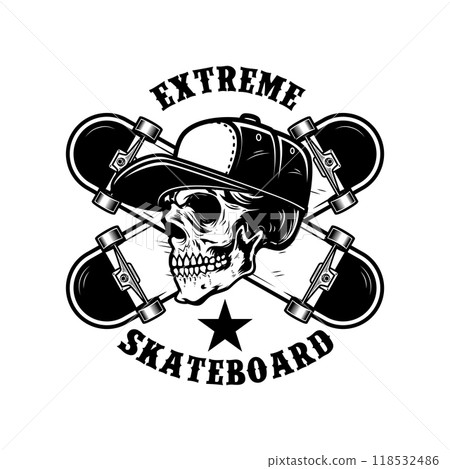 Skateboarder skull with crossed skateboards. Design element for logo, label sign, poster, t shirt. Vector illustration 118532486
