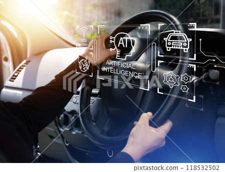 Conceptual woman wearing a long-sleeved black shirt Driving a car that uses the artificial intelligence system Conceptual woman wearing a long-sleeved black shirt Driving a car that uses the artificial intelligence system 118532502