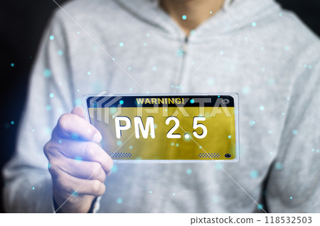 Concept of monitoring and warning of pm 2.5 dust that exceeds AQI standards. Concept of monitoring and warning of pm 2.5 dust that exceeds AQI standards. 118532503