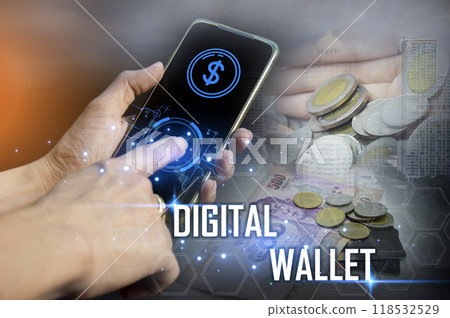 Digital Wallet concept that controls usage with blockchain and smart contacts Digital Wallet concept that controls usage with blockchain and smart contacts 118532529