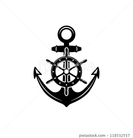 Illustration of an anchor with ship steering wheel in monochrome style. Design element for poster, card, banner, emblem, sign. Vector illustration Illustration of an anchor with ship steering wheel in monochrome style. Design element for poster, card, banner, emblem, sign. Vector illustration 118532557