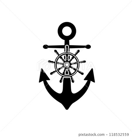 Illustration of an anchor with ship steering wheel in monochrome style. Design element for poster, card, banner, emblem, sign. Vector illustration 118532559