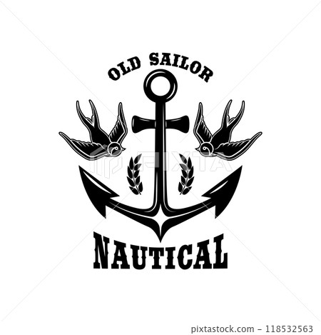 Vintage anchor with swallows. Design element for emblem, sign, badge, logo. Vector illustration 118532563