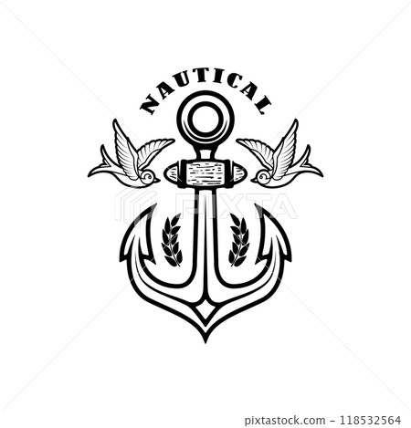 Vintage anchor with swallows. Design element for emblem, sign, badge, logo. Vector illustration 118532564
