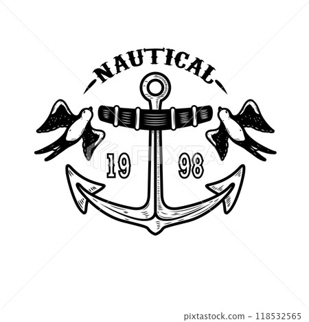Vintage anchor with swallows. Design element for emblem, sign, badge, logo. Vector illustration 118532565