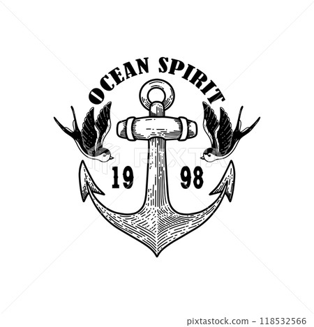 Vintage anchor with swallows. Design element for emblem, sign, badge, logo. Vector illustration 118532566