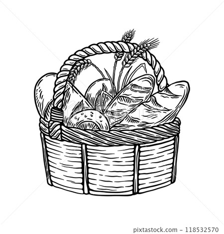 Hand drawn illustration of bakery basket with bread. Design element for poster, card, banner, emblem, sign. Vector illustration 118532570