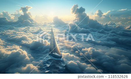 Tiny yacht sailing on the vast open sea with a cloud-studded sky Tiny yacht sailing on the vast open sea with a cloud-studded sky 118532626
