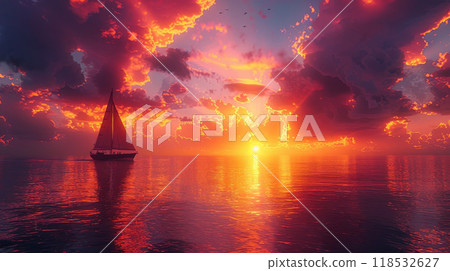 Small yacht silhouetted against a vibrant sunset with warm orange and pink hues 118532627