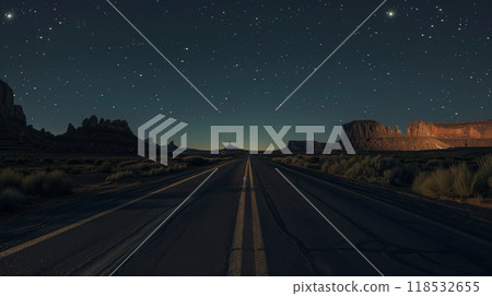 Asphalt road in the desert at night, moonlit with shrubs and rock formations under a starry sky Asphalt road in the desert at night, moonlit with shrubs and rock formations under a starry sky 118532655