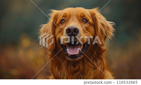 Close-up of a laughing dog with a wide grin, bright eyes, and tongue out against a dark green background 118532665