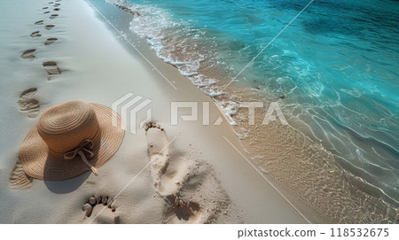 A womens hat and towel on pristine white sand, set against the turquoise ocean of a secluded Maldivian beach 118532675