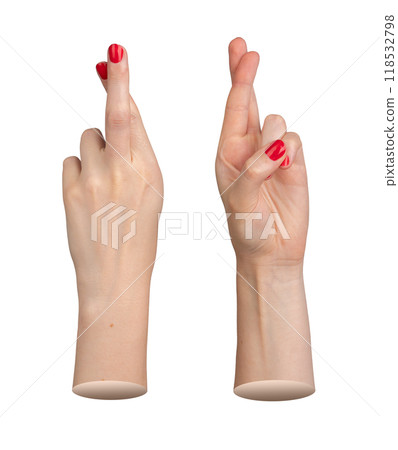 Woman crossing fingers for luck, gesture of hope and promise. Symbol of belief and desire, cute and Woman crossing fingers for luck, gesture of hope and promise. Symbol of belief and desire, cute and 118532798