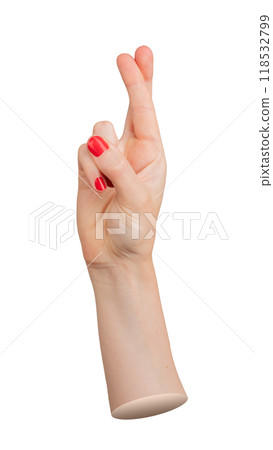 Woman crossing fingers for luck, symbol of hope and promise. Gesture of superstition and belief, 118532799