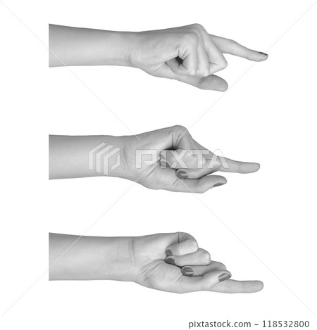 Woman s hand pointing with index finger, isolated on white background. Forefinger extended in Woman s hand pointing with index finger, isolated on white background. Forefinger extended in 118532800