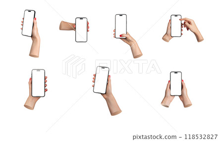Berlin Germany July 21 2024 Phone in hand with blank screen mockup, isolated on white background. 118532827