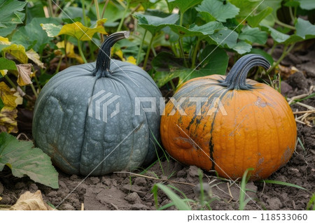 Two pumpkins, one bright orange and one subtle gray, nestled in rich garden soil with lush greenery around. AI-generated content. 118533060